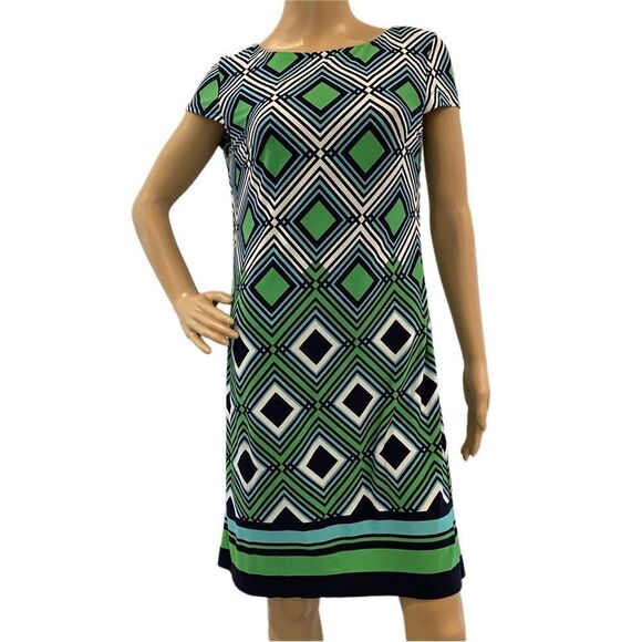 ⭐️ JESSICA Howard Green Black Geometric Diamond Jersey Shift Dress Size Small - Picture 1 of 11